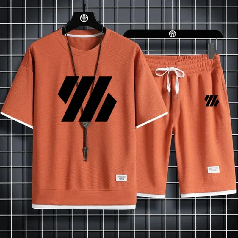 

2024 Men's Sports Set Fashion Short sleeved Sports Set Men's Set Summer Men's Two piece Set Waffle Casual T-shirt and Shorts Set