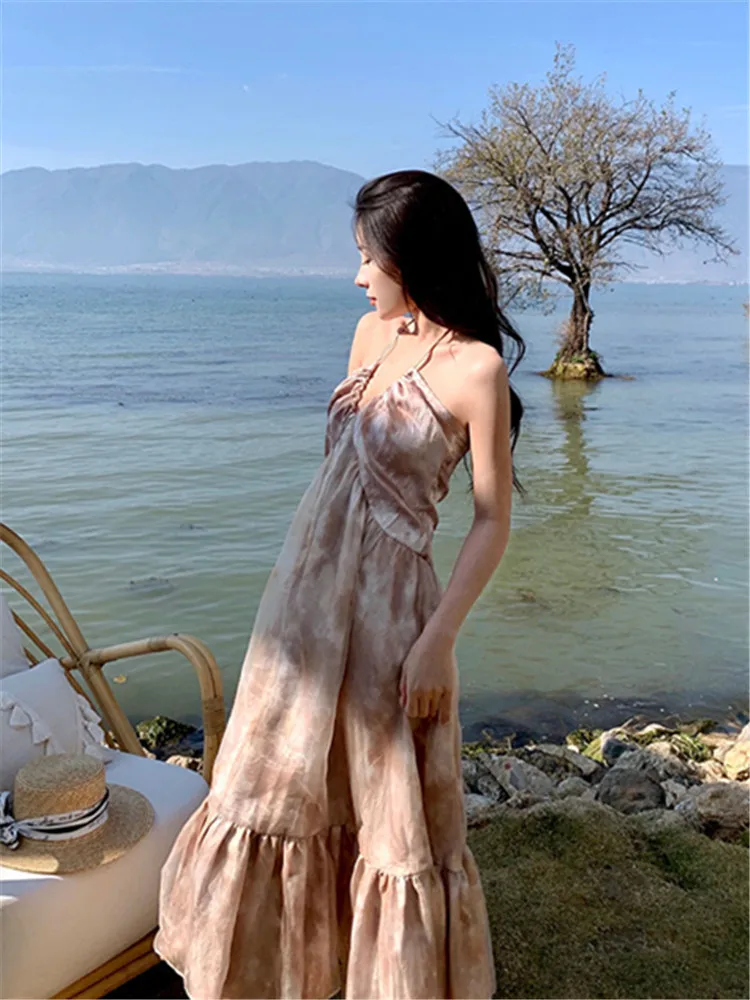 

Tie-dyed Backless Dress Women Summer Beach Bohemian Halter V-collar Long Sundress Woman 2023 New Holiday Boho Dresses vestidos