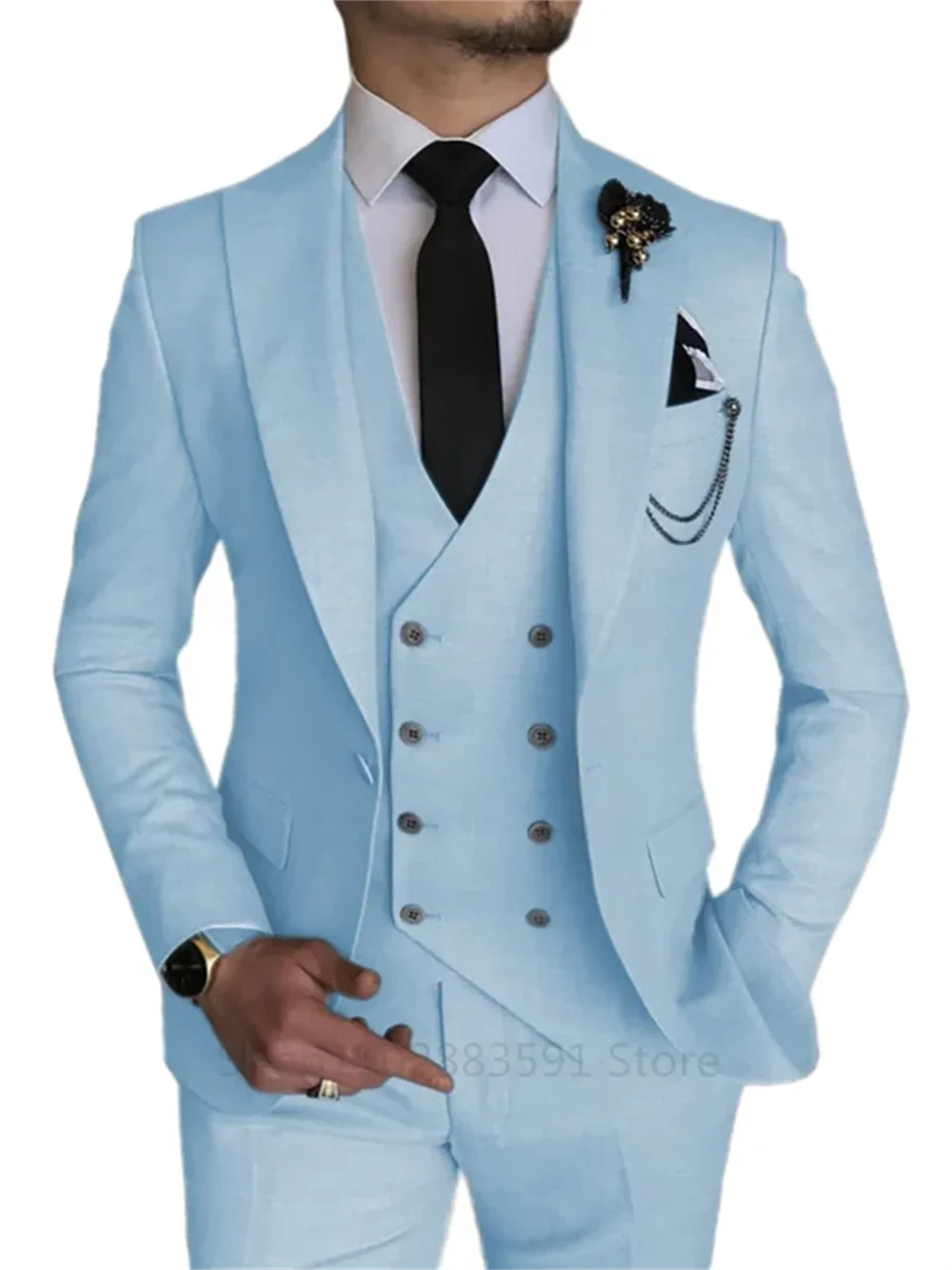 Elegant wedding lapel suit detail featuring wool-cotton blend fabric.