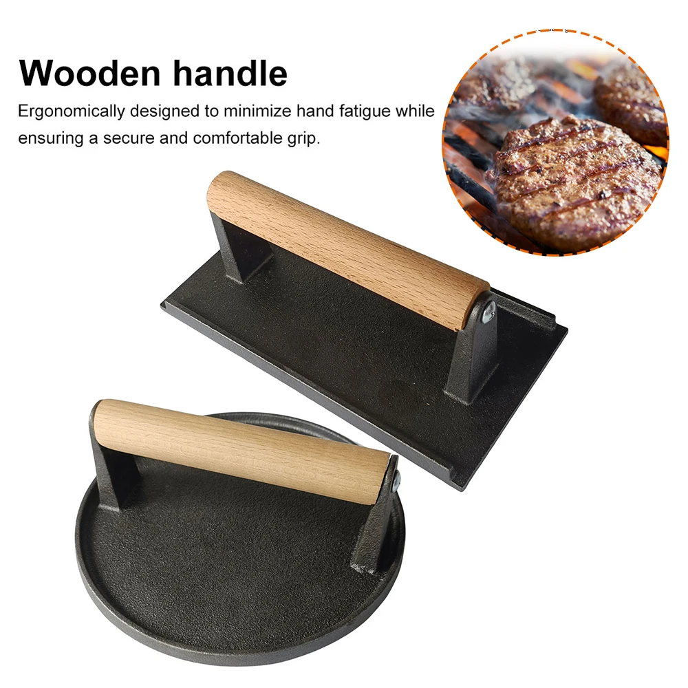 Kitchen Heavy Cast Flat Iron Steak Weight/Bacon Press with Wooden Handle Heavy-Weight Grill Press Commercial Grade Burger burger press