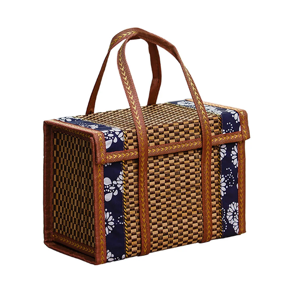 

Wood Picnic Basket Double Folding Handles Natural Hand Woven Foldable Wicker Outdoor Camping Birthday Valentine Day Brown