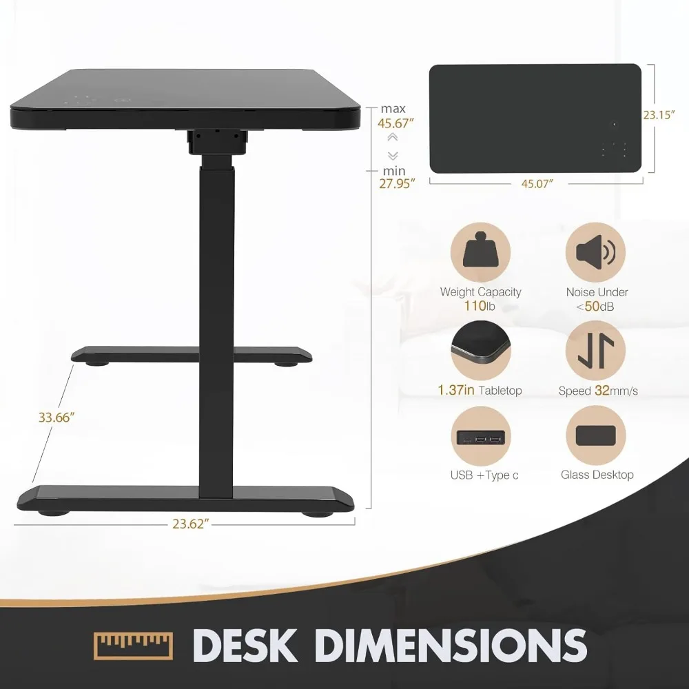 Electric Glass Standing Desk with Touch Control, Dual Motor Height Adjustable Desk with Drawer,Wireless Charging and 3 USB Ports 3