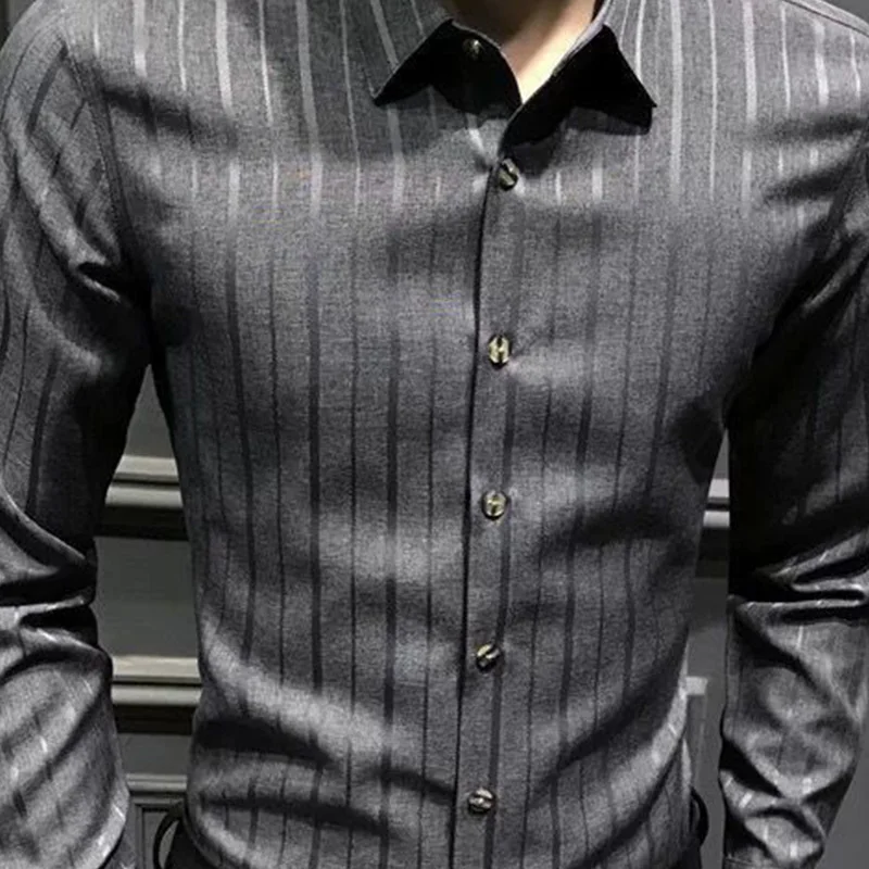 Summer Loose Casual American Retro Oversized Men's Shirt Handsome Striped Knitting Polyester Lapels Long Sleeve Y2K Chic Tops