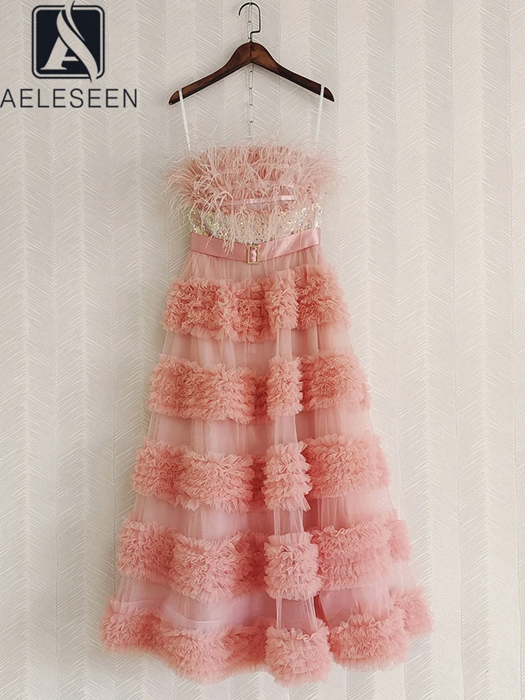 

AELESEEN Designer Fashion Women Layered Dress Summer Feathers Spaghetti Strap Pink Beige Sequined 3D Ruffles Mesh Princess Party