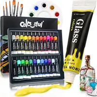 Acrylic Glass Paint Set with 6 Brushes, 1 Palette, 12/24 Colors 12ml,Stain Glass Paints for Wine Glass, Waterproof Acrylic Paint 1