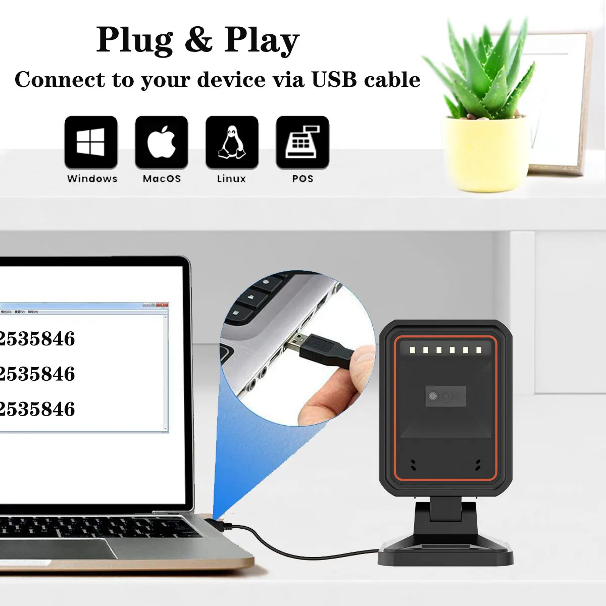 Desktop 2D Barcode Scanner USB Wired Hands-Free Omnidirectional 1D QR Bar Code Reader Scanning Platform Plug & Play