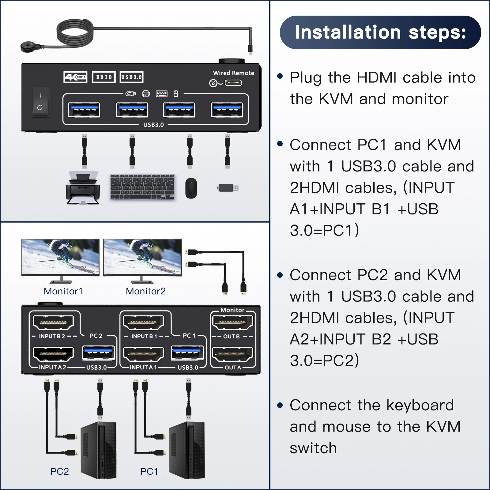 Kceve-hdmi Dual Monitor Usb Extended Display Switcher Kvm Switch Computadores Monitores Portas Usb 3.0 com Simu - Imagem 6