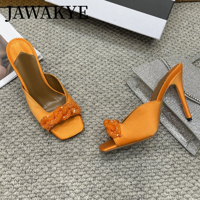 

Runway Satin Peep toe High Heel Women's Slippers Party Ladies Slides Bead Chain Mules Summer Banquet Sandals for Woman mujer