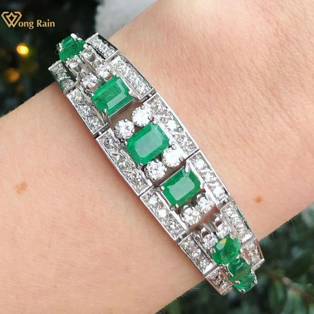 

Wong Rain Vintage Luxury 100% 925 Sterling Silver Emerald High Carbon Diamond Gemstone Bracelets Bangle Fine Jewelry for Women