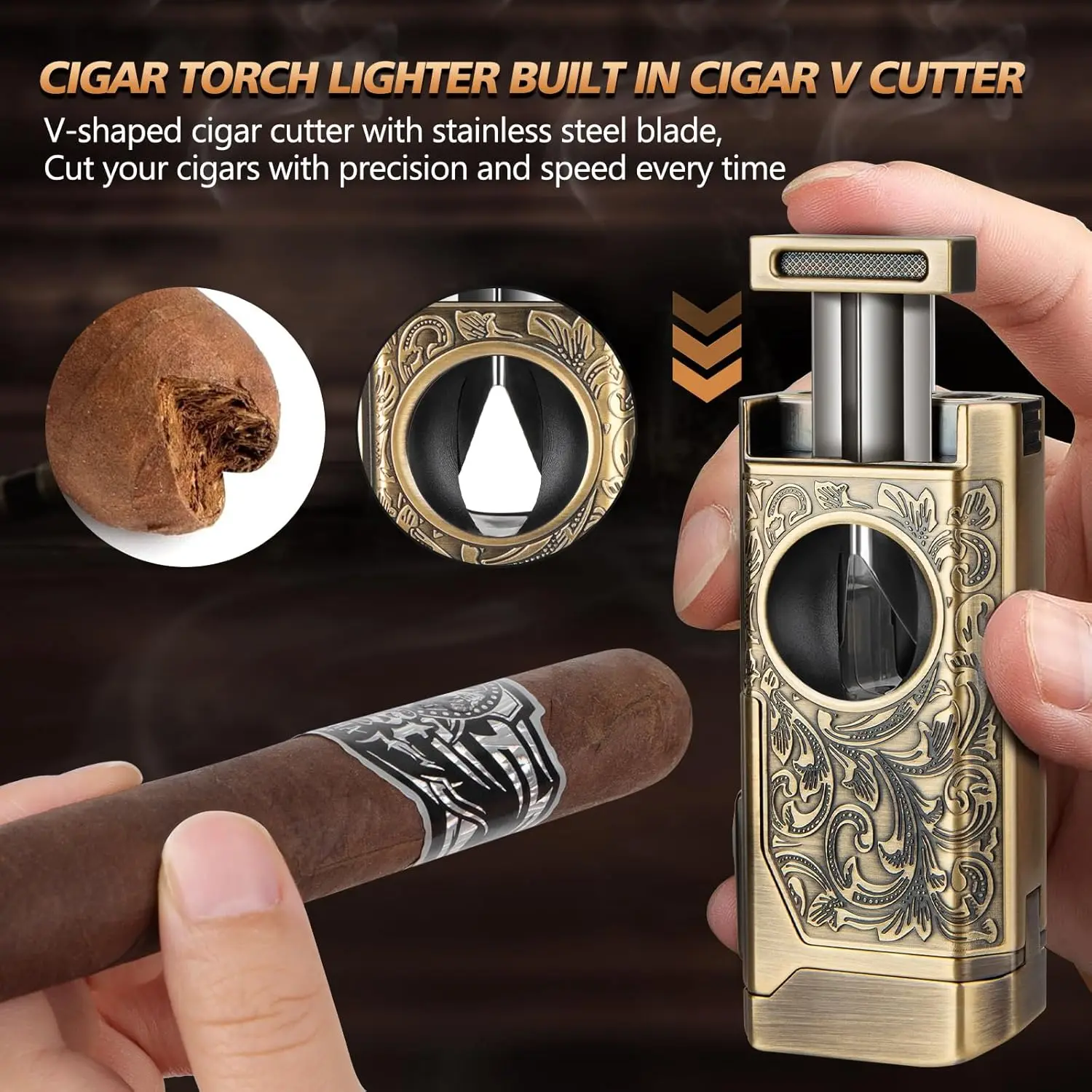 Cigar Lighter 4 Jet Flame Refillable Butane Lighter with Cigar Cutter V Cut Punch Holder Draw Enhancer butane gas lighter