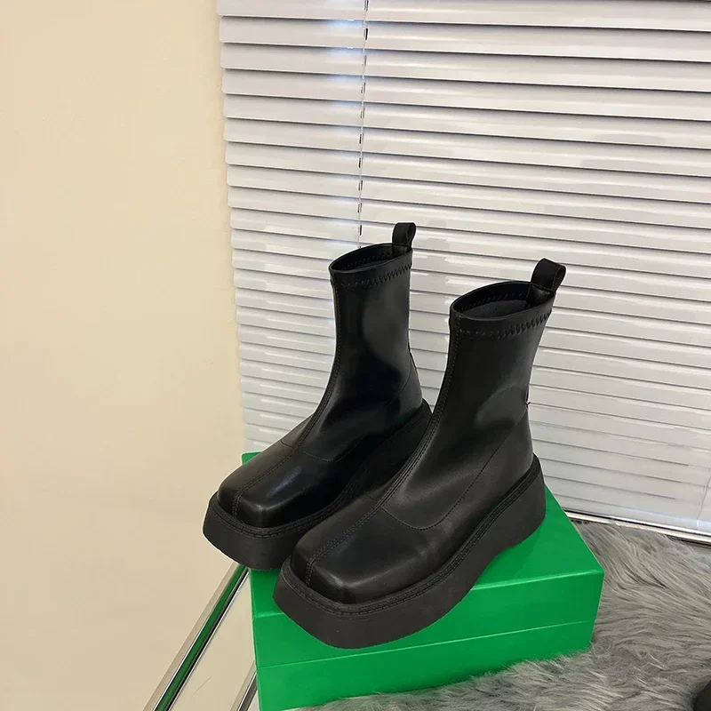 2023 Winter Chunky Boots For Women Square Toe Shoes Ladies Fashion Slip On Platform Thick Sole Short Boots Ladies Ankle Booties
