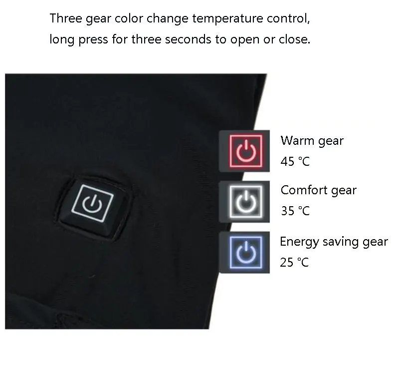 A black jacket with three heat settings buttons for temperature control.