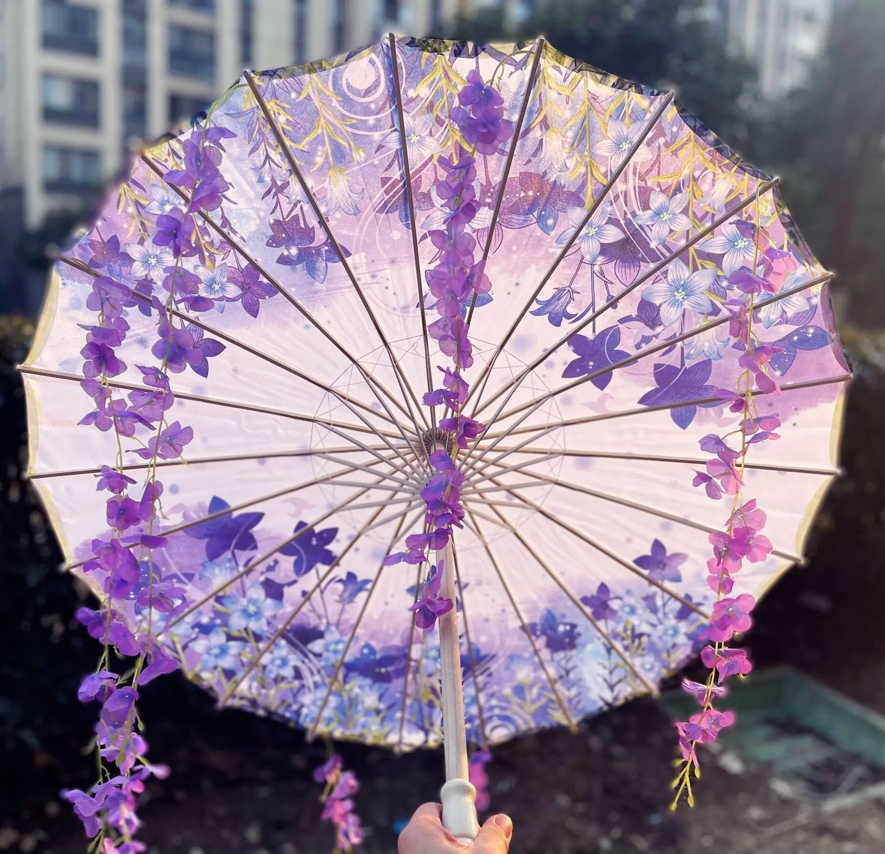 Фото Зонт аниме с кисточками Hanfu, фиолетовый, лавандовый, ветрозащитный зонт для пляжа, танцев, косплея, масляная бумага, зонтик №1