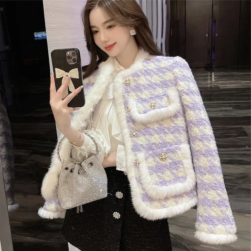 Mink Hair Wool Plaid Jackets Women's Outwear 2023 Spring Autumn Houndstooth Wool Coat Elegant Loose Woolen Cotton-Padded Jacket