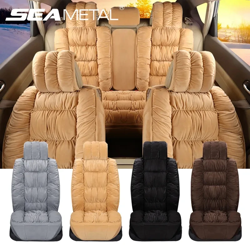 Luxury Warm Plush Car Non-Slip Seat Cover,Universal Fit Auto Front & Back  Seat Pad,Soft Plush Large Plaid Square Winter Cushion for Most