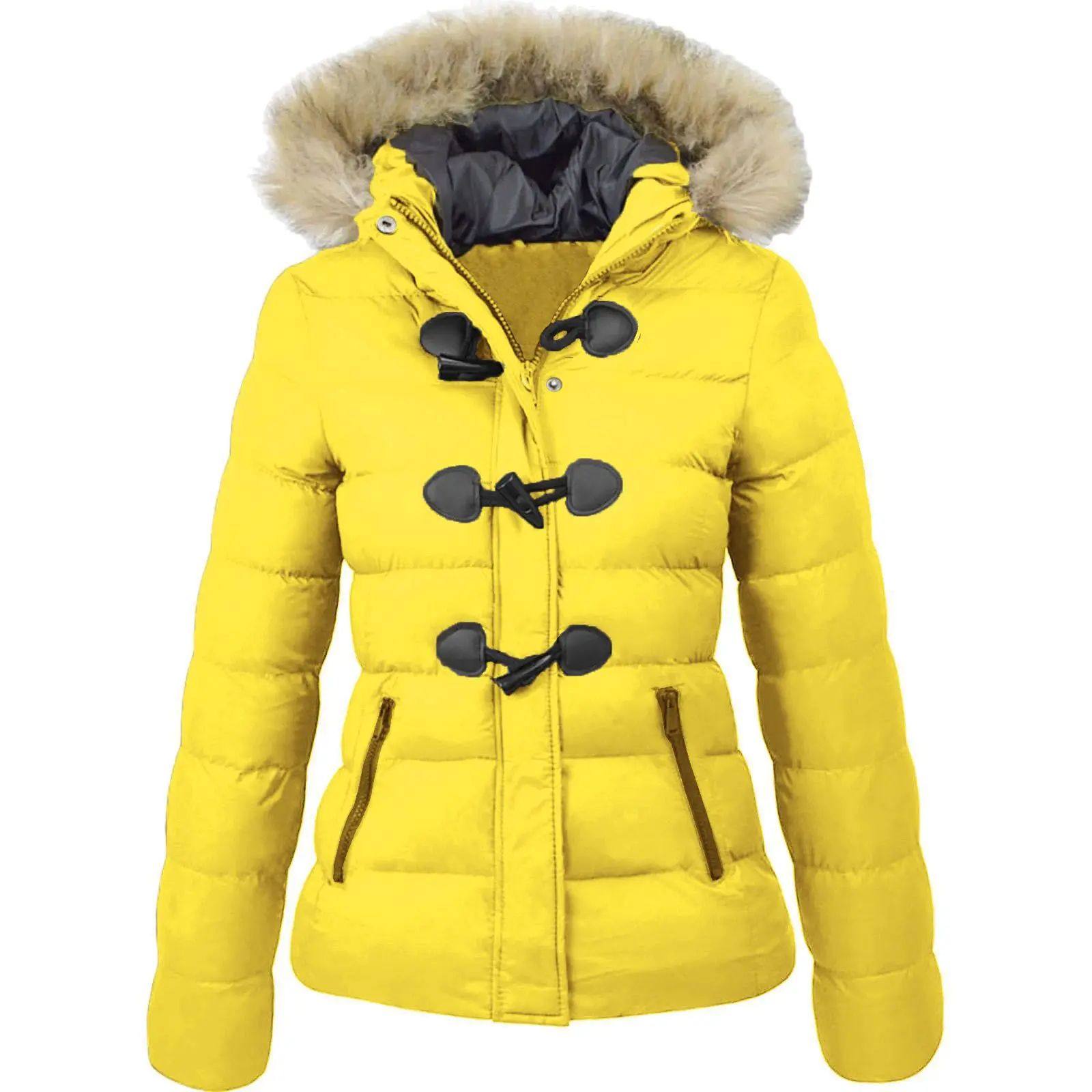 2024 New Winter Fashion Warm Hooded Fur Collar Womens casual Cotton Jacket Parkas Retro Horn Button Women Cotton Coats parka