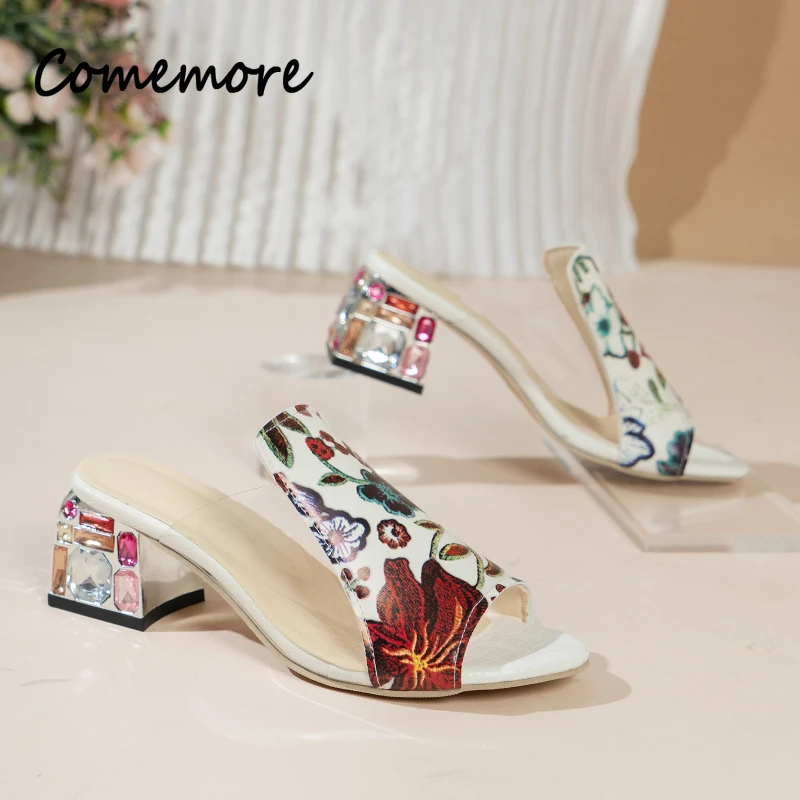 Women Slippers Floral Print Genuine Leather Mesh Patchwork Outdoor New Summer Sandals High Heel Elegant Slides
