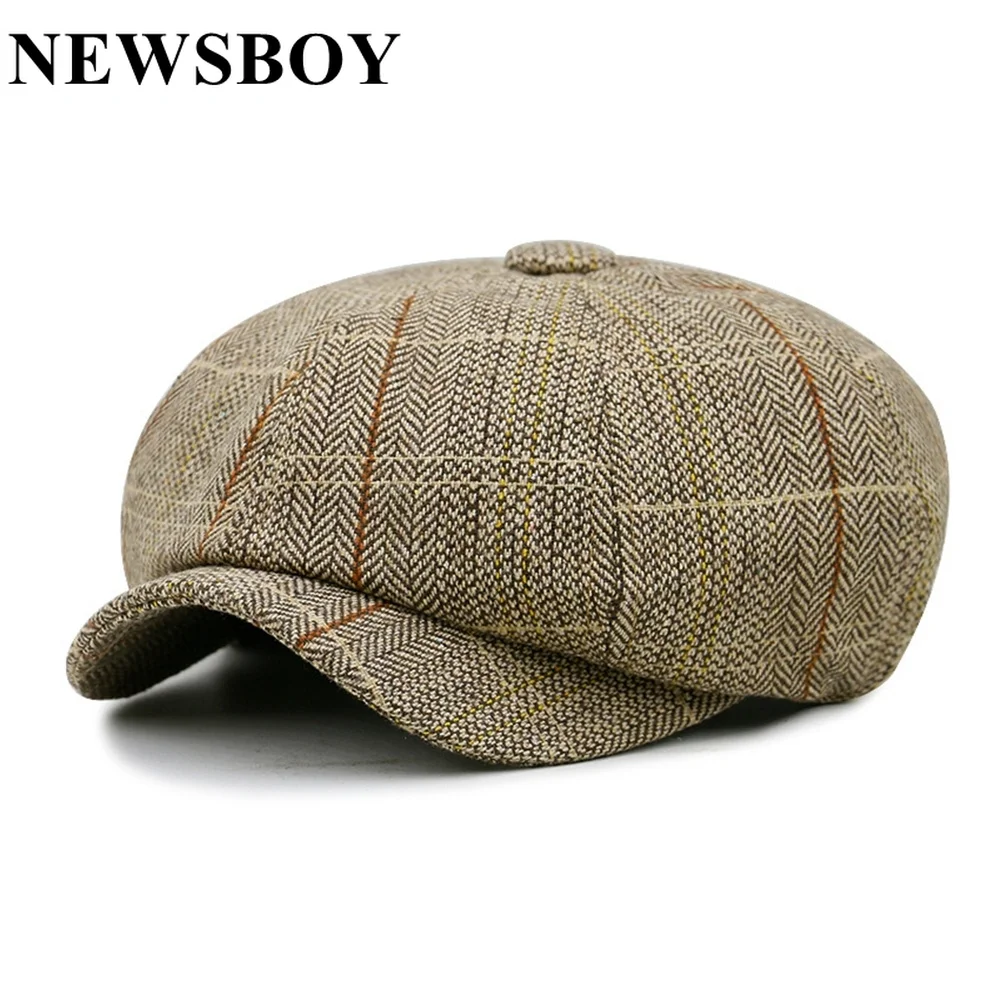 남자를위한 NEWSBOY 모자 헤링본 카키 여자 영국 스타일 Beret 봄 팔각형 빈티지 조정 가능한 체크 무늬 모자 및 모자