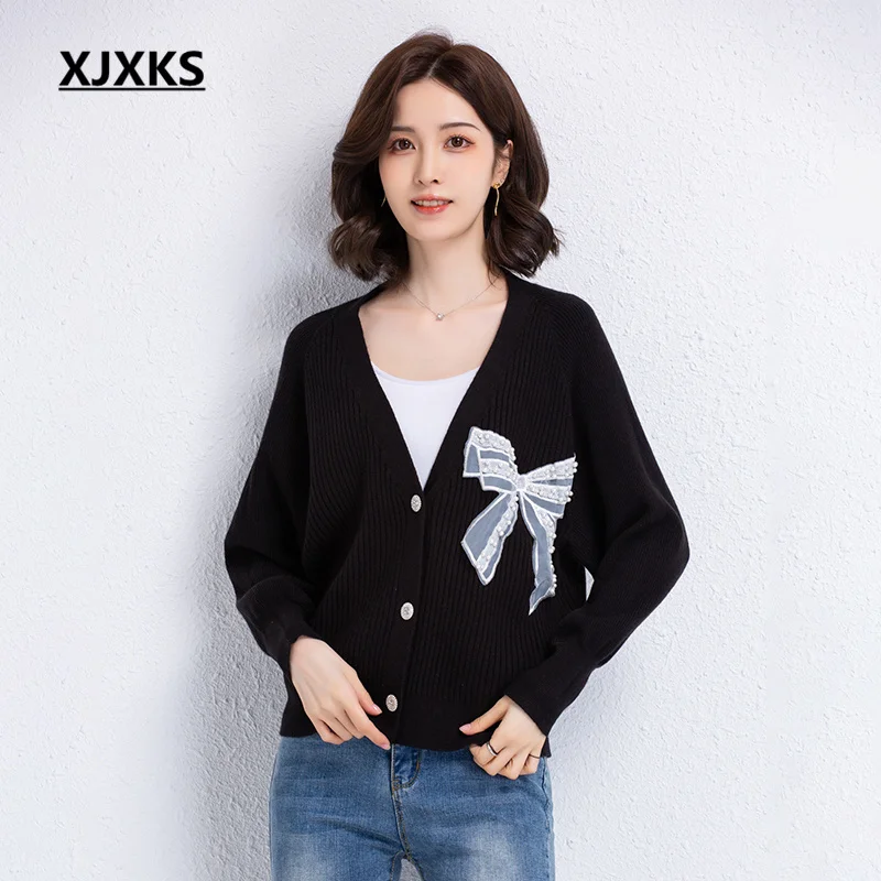 

XJXKS Fashion V-neck Bat Sleeve Women's Sweater Coat 2022 Autumn Winter Latest Bow Cardigan Wool Knitted Jacket