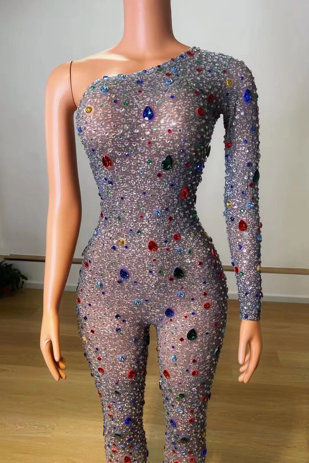 

Sparkly Colorful Bodysuit CrystalsStones Jumpsuit Sexy Mesh See ThroughRhinestones Rompers Stage Birthday Dance Wear