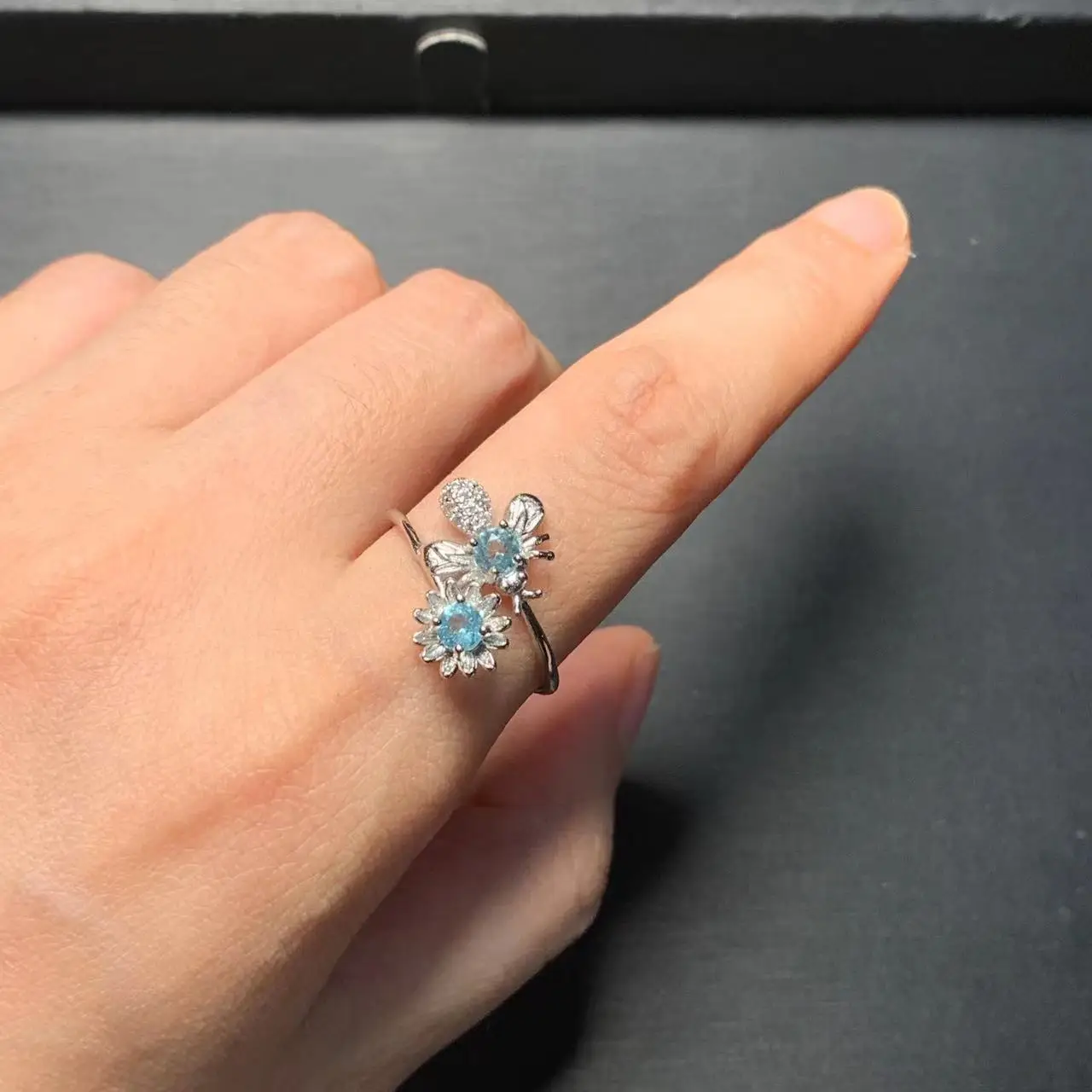 MM Natural Blue Topaz Ring Adjustable Female Ring Jewelry for Women Gift Wholesale High Quality Vintage Fine