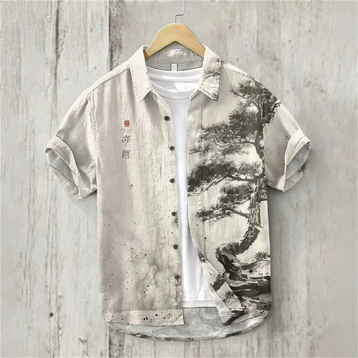 3D Printing Hawaiian Style Short Sleeve Shirt, Japanese Art Linen, Comfortable Loose Casual Flip Collar Shirt, Plum Blossom 5