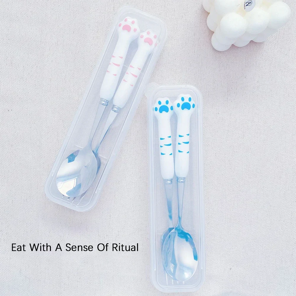 Stainless Steel Cutlery Set Fork Spoon Set Stainless Steel Spoon and Fork Set with Storage Box Portable Tableware Cute Cat Paw Shaped Dinnerware Kit for Adults Kids School