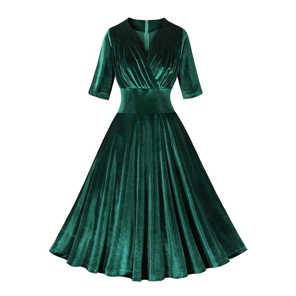 

Ruched V-Neck Green Velvet Elegant Party Dresses for Women Half Sleeve High Waist 50s Vintage Swing Dress VD4363