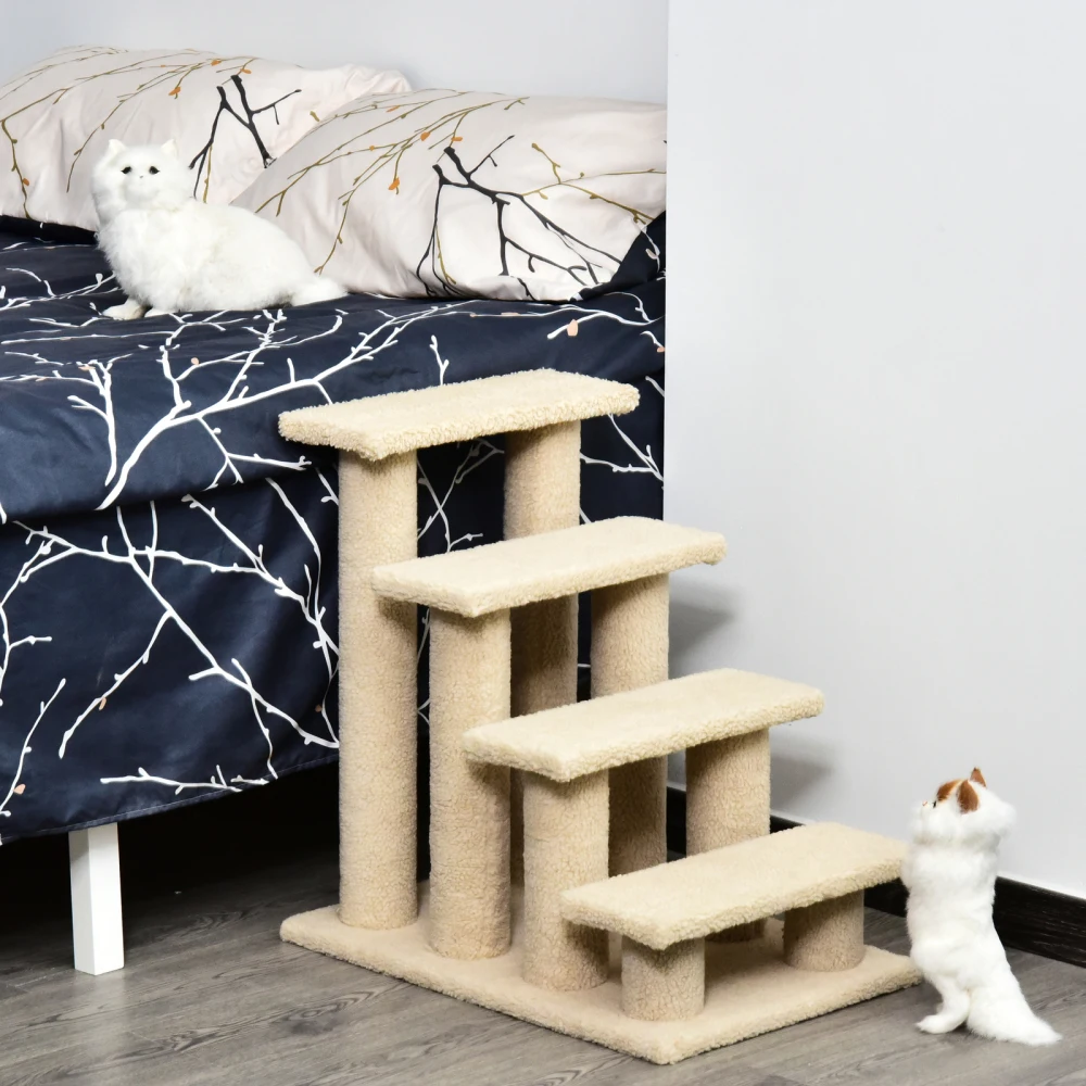 PawHut 25" 4-Step Multi-Level Carpeted Cat Scratching Post Pet Stairs Beige Large Cat Tree Kitten Apartment Scratch Able