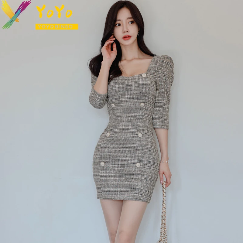 

Elegant Grey Square Collar Half Sleeve Button Down Pencil Dresses Women Office Autumn/Winter Slim Bodycon Chic Work Dress