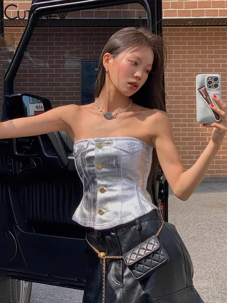 Stunning Solid Vest Women Summer Street Fashion Strapless Single Breasted Slim Tanks Girl Concise Go Out All-matched Top