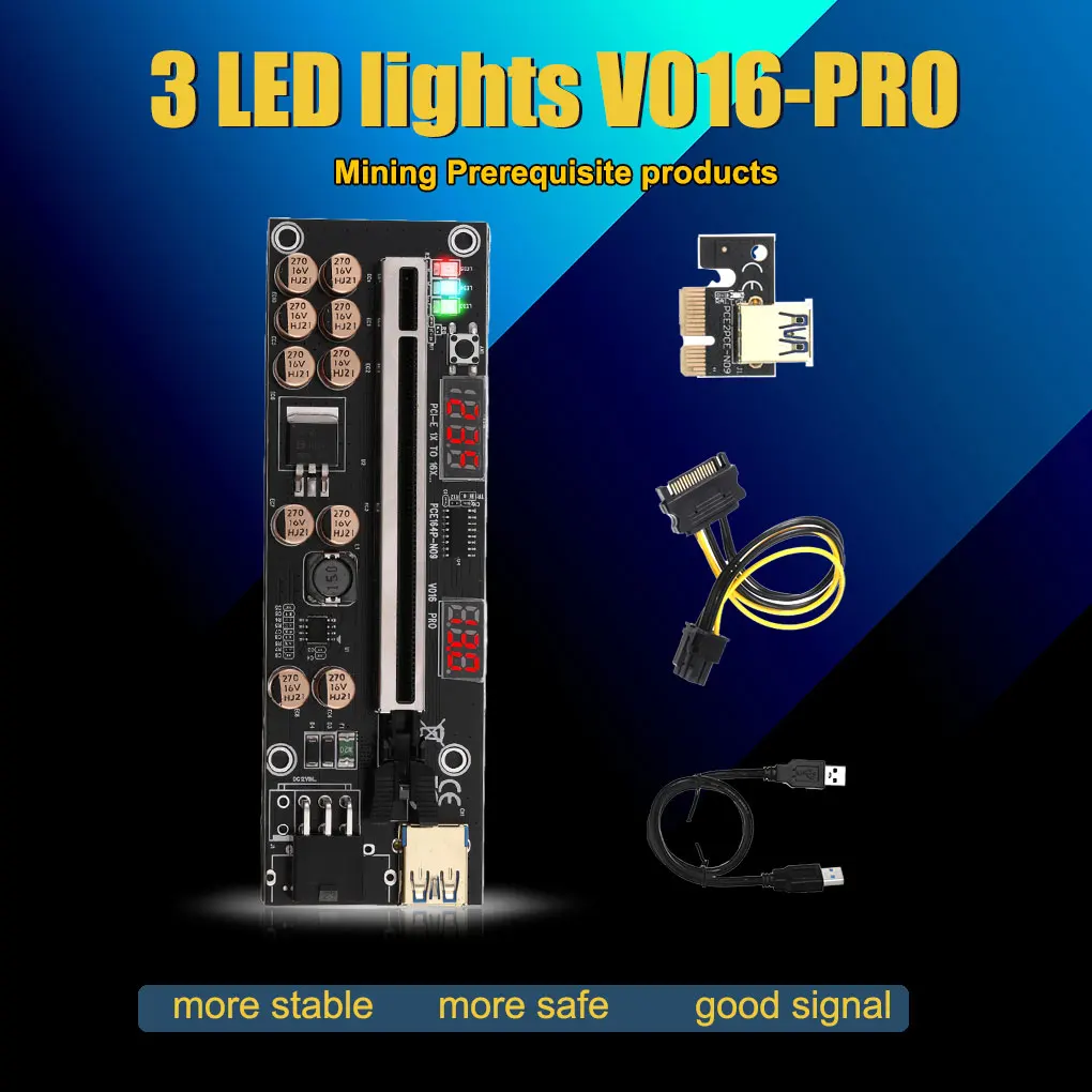 Newest VER016 PCIE Riser 016 V016 PCI Express X16 Temperature Voltage 3 RGB LED 6P USB Mining For Video Card |