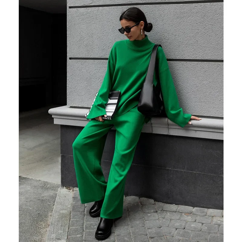 

2 Piece Sets Womens Outfits 2023 Beveled Edge High Neck Long Sleeve Sweater Top + Casual Loose Knit Wide Leg Pants Muslim Sets