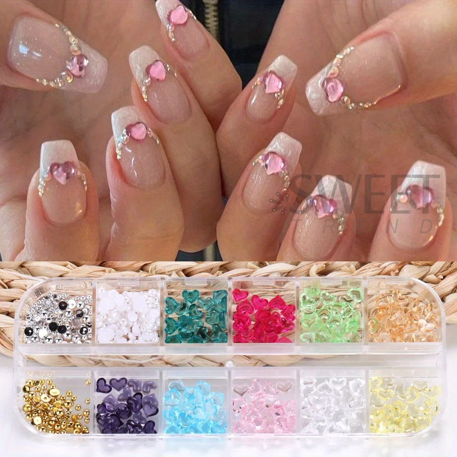 12 Grids Heart Shape Nail Art Charms Transparent Love Heart Resin Jewelry Pearl Half Bead Valentine's Decor Manicure Rhinestone