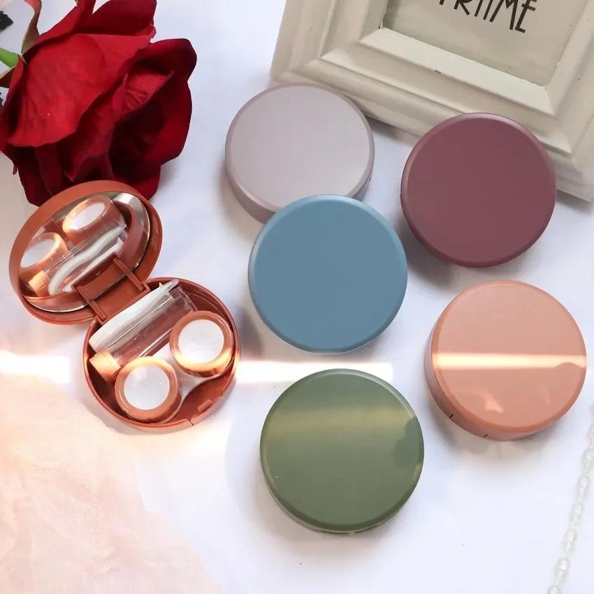 Solid Color Elegant Lady Contact Lens Case with Mirror Cosmetic Contact Box Eyes Care Lenses Container Box Gift Case