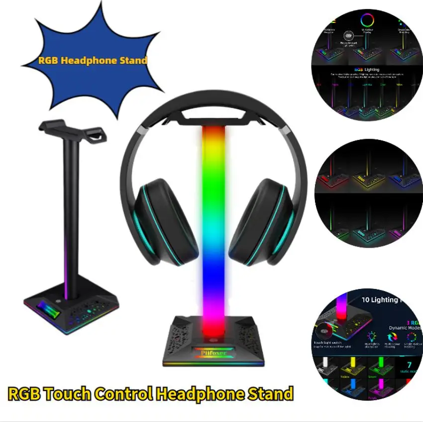 Support Casque Gamer RGB, Support pour Casque avec 10 RVB LED Modes  d'éclairage et Fonction de mémoire, Headset Stand avec 2 USB Charge Ports  et 3.5