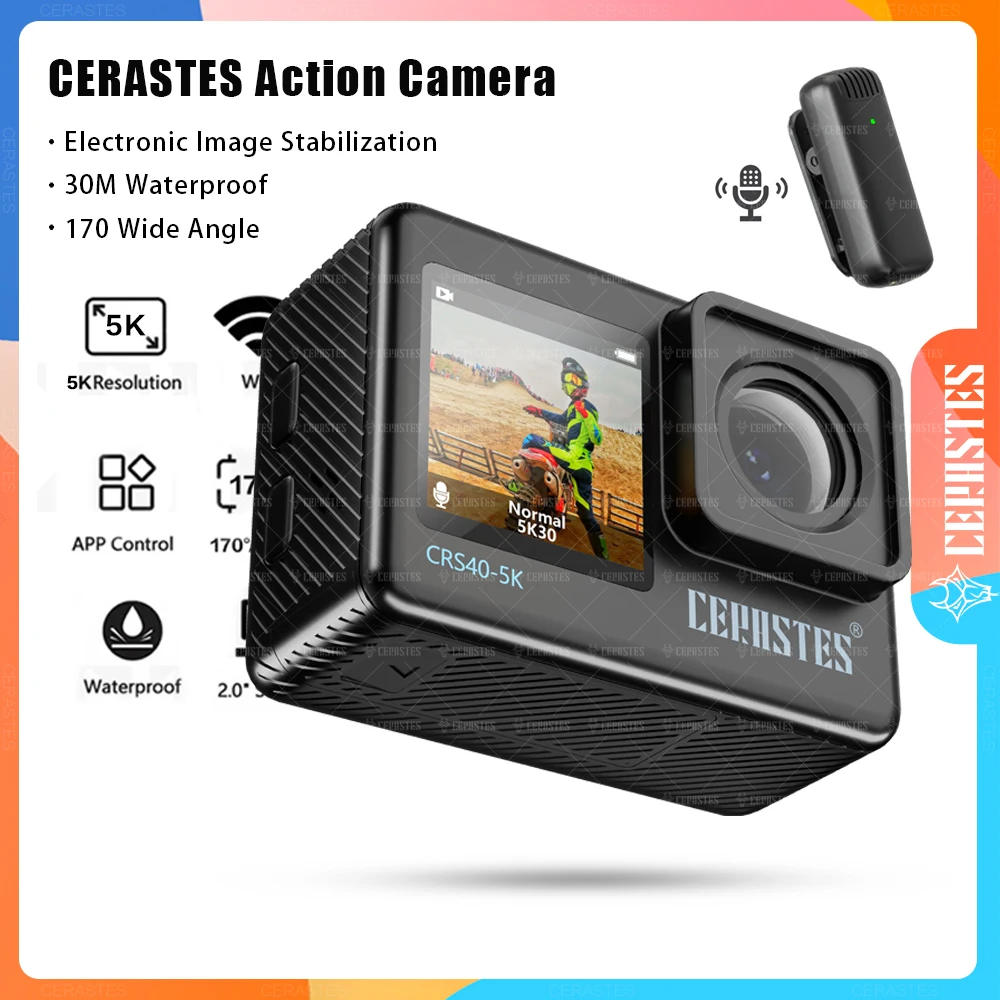 Cerastes-Câmara desportiva impermeável com controlo remoto, câmara de ação, anti-agitar, ecrã duplo, WiFi, grande angular de 170 °, 5K, 4K, 60FPS, 30m