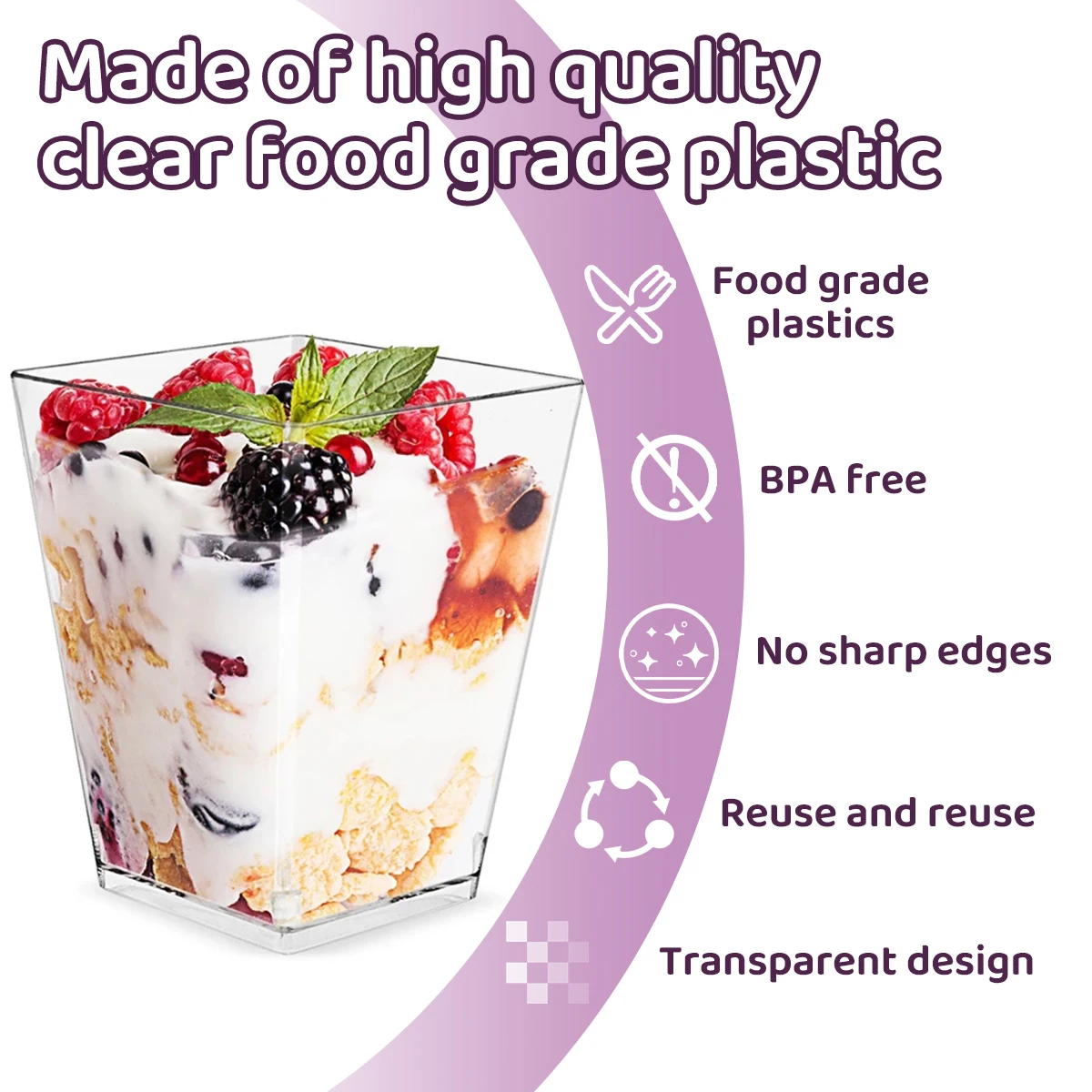 Description Picture 6 of item50Pcs 60ml Mini Dessert Cups Clear Plastic Party Ice Cream Cups with Lids Spoons Reusable Serving Bowl for Tasting Appetizers