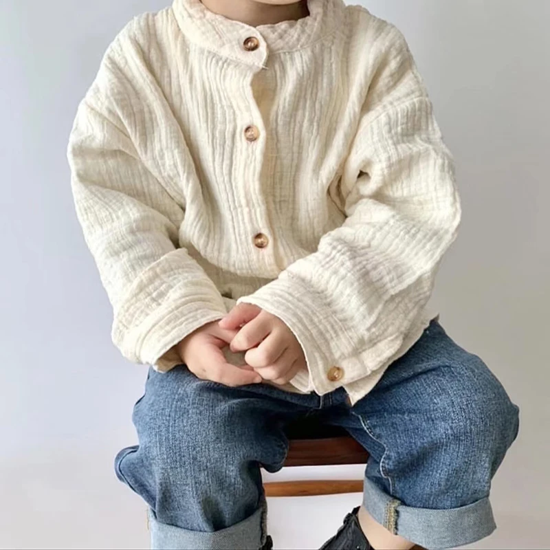 Children's Retro Muslin 100% Cotton Shirts Spring Autumn New Korean Boys And Girls Casual Stand-Up Collar Button Tops WT042
