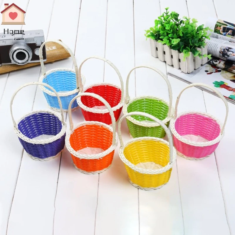 1Pc 7cm Plastic Rattan Woven Easter Egg Basket Round Storage Basket Home Gift Basket Hand-woven Rattan Flower Basket