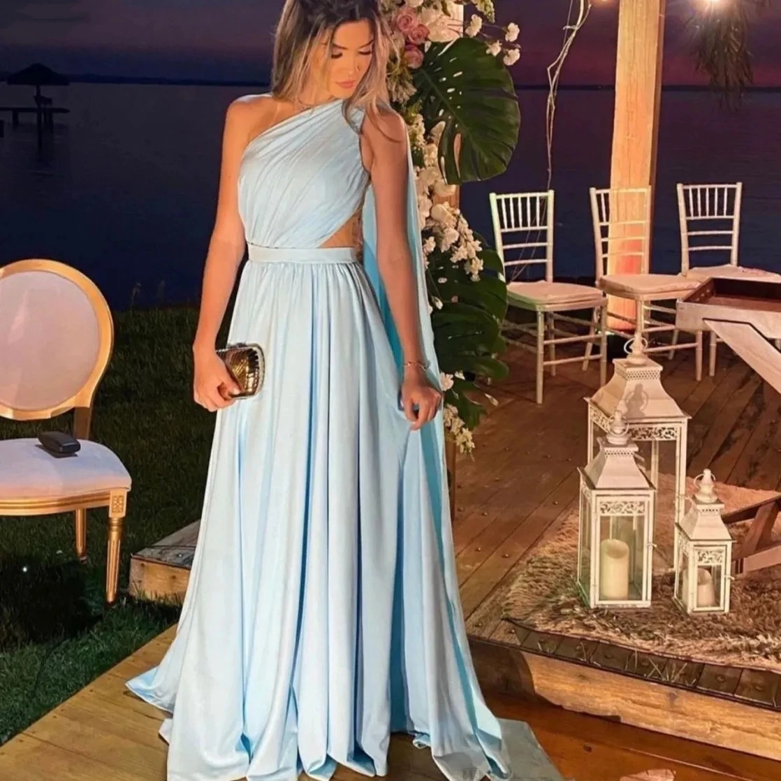 

New Design Sky Blue One Shoulder Prom Dresses A Line Satin Simple Ruched Formal Evening Party Gowns 2024 فساتين السهرة Custom