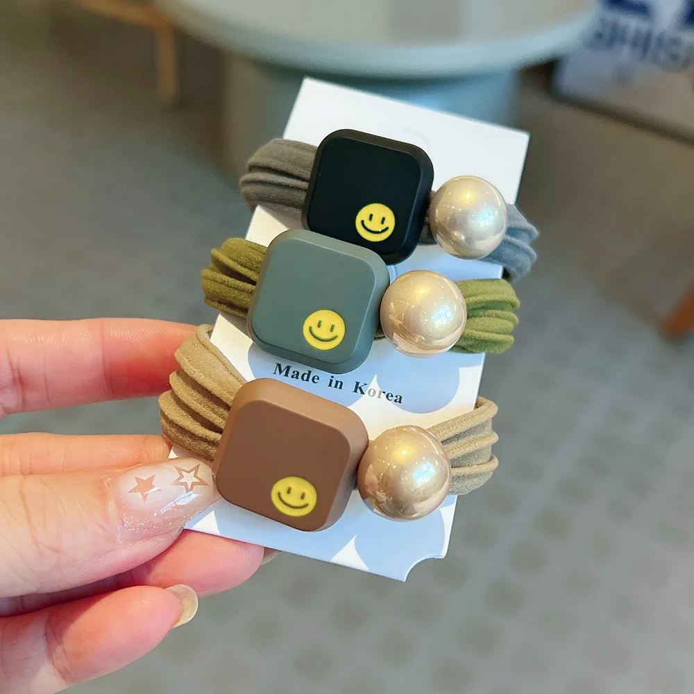 

Cute Square Smile Face Pearl High Elastic Rubber Band For Girl Cute Temperament Designer Rubber Hair Ties Fashion Accessories