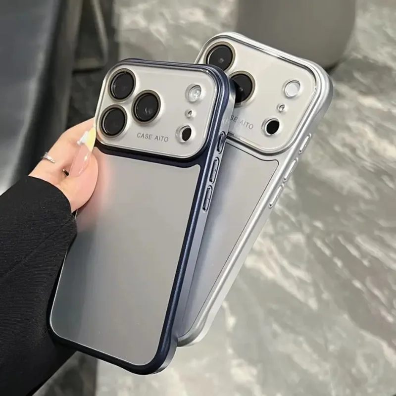 Shockproof Frosted Silver Phone Case with Glass Camera Protection & Bumper Design