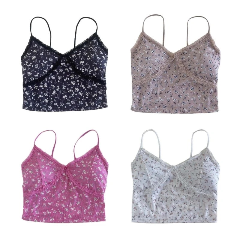 Camiseta sin mangas con tirantes finos, Bralettes encaje con estampado floral para mujer, camisolas con cuello en Top