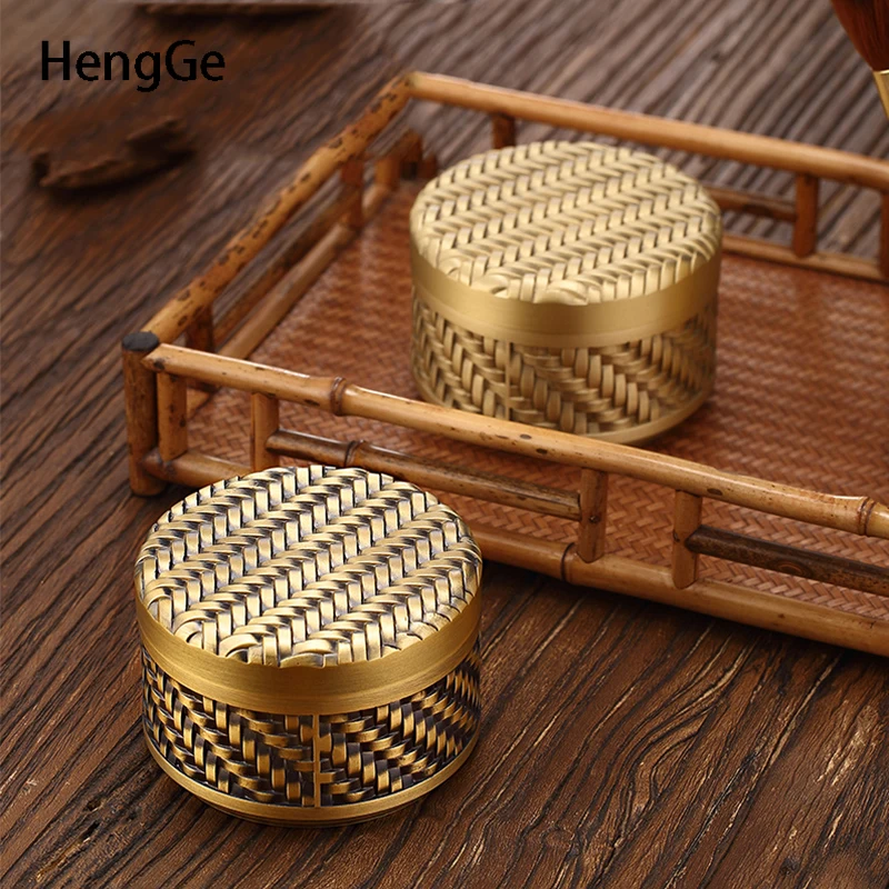 

Retro Pure Copper Tea Tins Bamboo Weaving Relief Craft Travel Convenient Sealed Cans Home Living Room Decoration Storage Tank