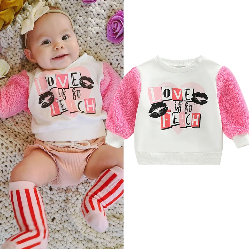 FOCUSNORM 0-24M Toddler Baby Girls Sweatshirt T Shirts For Valentine's Day Letter Fur Patchwork Long Sleeve Pullover T-shirt