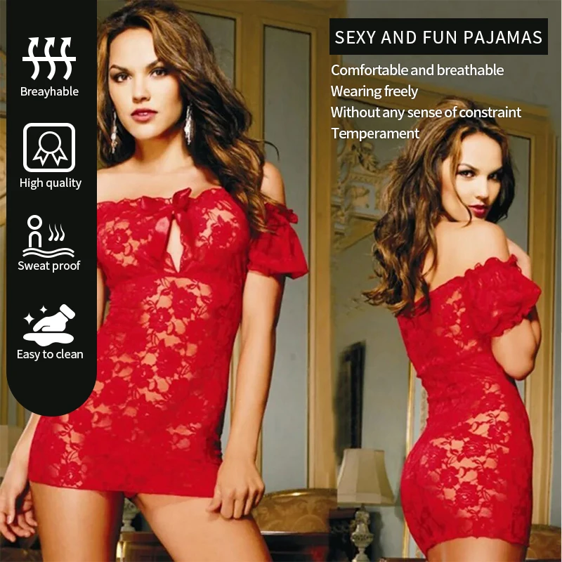 Sexy Lace Sexy Lingerie Lace Print Embroidery Perspective One Shoulder Dress Black Thong Hot Women's Dress