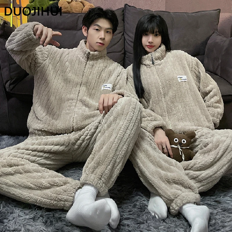 DUOJIHUI Winter Chicly Zipper Cardigan Female Pajamas Set Basic Simple Fashion 6-colors Couple Clothing Casual Pajamas for Women