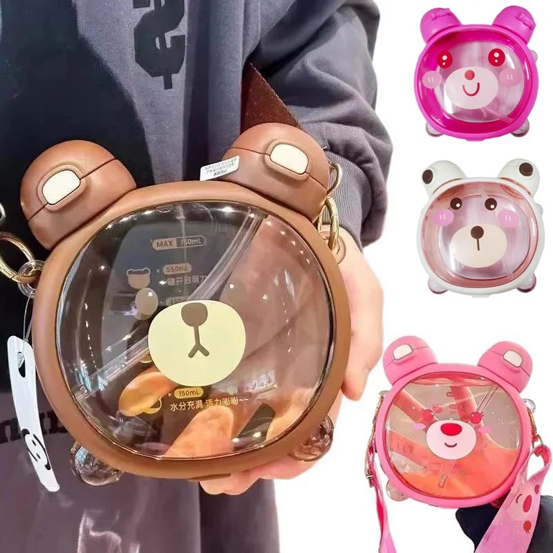 Water Bottle Plastic Water Bottle Plastic Cup 750ML Cute Bear Kettle Straw Water Bottle Summer Tritan Straw Bottle Drinking Plastic Kawaii Children Water Cup for School