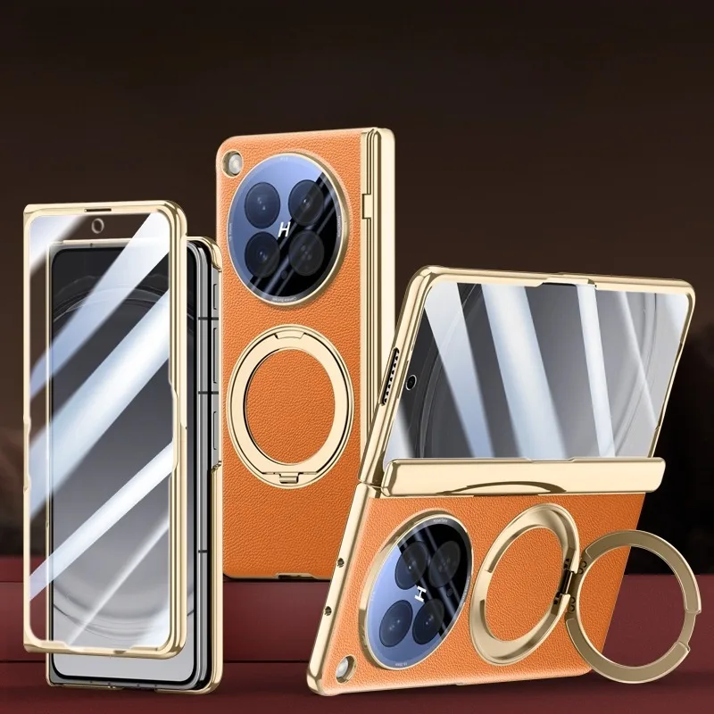 GKK Luxury Leather Hinged Folding Case with Magnetic Ring Holder Stand and HD Privacy Glass